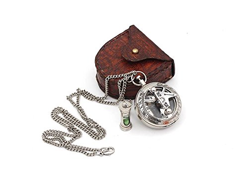 Rii Vintage Brass Sundial Compass Necklace (Silver), Astrolabe Compass Necklace For Men With Leather Case & Green Sand Mini Hour Glass For Loved Ones, Unique Gift For Men, Sun Clock Necklace #TOP26
