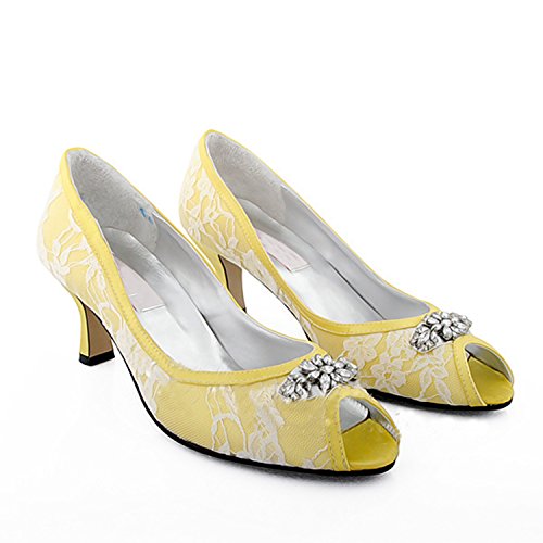 Minishion Womens Peep Toe Kitten Heel Flower Yellow Lace Bridal Wedding Shoes Sandals 11 M Us #TOP3