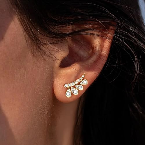 FETTERO Stud Earrings for Women - 14K Gold Plated CZ Hypoallergenic Earrings Studs Dainty Black CZ Leaf Gold Earrings for Women Trendy Statement Jewelry
