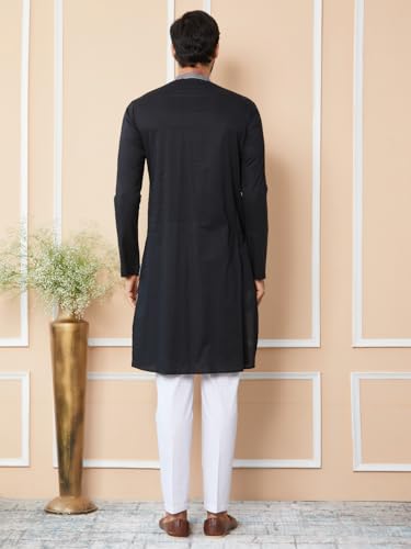 See Designs Men's Long Sleeve Mandarin Collar Side Slit Black Thread & Sequin Worked Pure Cotton Straight Kurta - Sdkt2522S