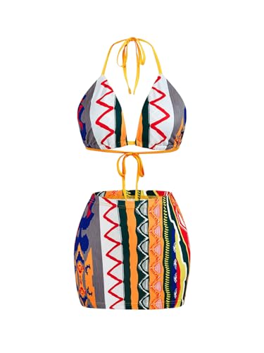 SweatyRocks Women's 2 Piece Halter Bikini Set Boho Striped Swimsuit High Waist Beach Skirt Bathing Suit3