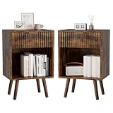 YMYNY Set de 2 Mesitas de Noche de Madera Ondulada, Marrón Rústica HST013H-2