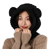 Knit Winter Hat Women Cute Bear Balaclava Warm Hooded Scarf Beanie Hat Skull Cap Collar Neck Cover Pullover Black