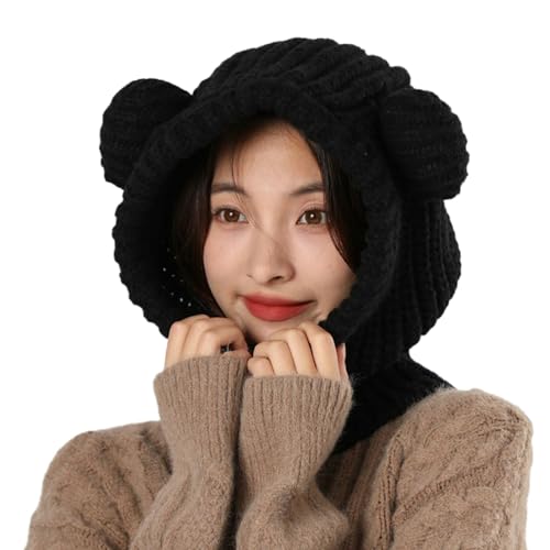 Knit Winter Hat Women Cute Bear Balaclava Warm Hooded Scarf Beanie Hat Skull Cap Collar Neck Cover Pullover Black