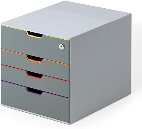 DURABLE Keyed Lock Desktop Drawer Organizer (VARICOLOR 4 Compartments with Removable Labels) 11" w x 14" d x 11.375" h, Gray & Multicolored (760627)