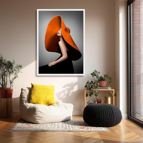 Toile femme au chapeau orange, affiche déco murale salon moderne