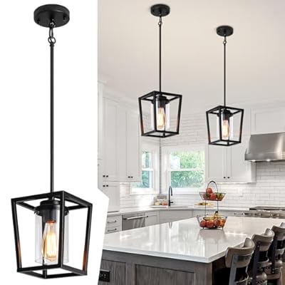 TOULMJ 2 Pack Black Pendant Lights Kitchen Island, Modern Lantern Pendant Light Fixtures, Farmhouse Kitchen Island Lighting Hanging Ceiling Light Fixture for Hallway Dining Room, UL-Listed