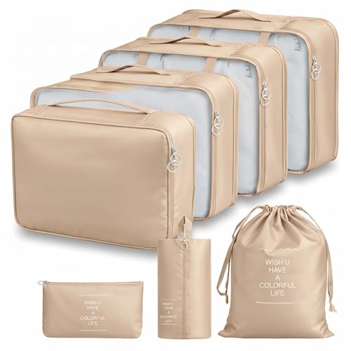 BRAND VILLA 7 Pcs Travel Organizer Set Packing Cubes Luggage Organizer Bags with Shoe Bag, Laundry Pouch & Toiletry Bag for Clothes, Shoes, Accessories, Lightweight Travel Storage for Suitcase (Beige)