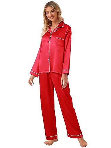 Image of Schbbbta Girls & Women Satin Pajamas Set, 2Piece Silk Nightwear Button-Down Sleepwear for Teen Kids, 3 Years - Women XXL