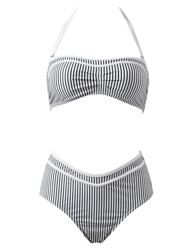 SUUKSESS Women Sexy High Waited Bandeau Bikini Sets Halter High Cut Two Piece Swimsuit Colorblock Push Up Bathing Suit(Navy Blue Black,L - Image 6