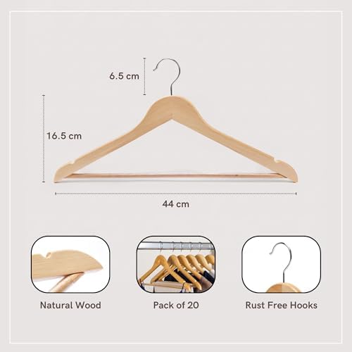 Straame Home | Strong Brown Wooden Coat Hangers |Made with Natural Wood and Non-Slip Trouser bar | Extra Smooth Finish | Strong Shoulder Notches | Pack of 20 - View 4