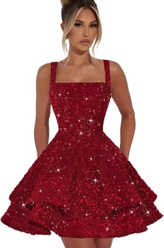 Square Neck Homecoming Dresses Short 2025 A-line Layered Sparkly Sequin Sweet 16 Cocktail Dress for Women with Straps
