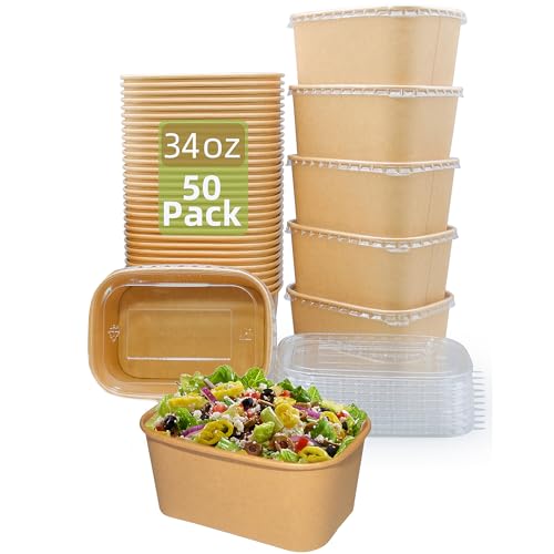 ganfaner 34 OZ Large Paper Bowl with Lid 50 Sets, Disposable Meal Prep Food Containers + Sporks for Work Party Meal Serving Microwave Safe, Disposable Bento Box To Go