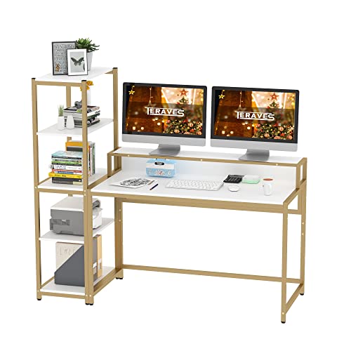 Teraves Computer Desk with 5 Tier Shelves,Reversible Writing Desk with Storage 47 Inch Study Table for Home Office Independent Bookcase and Desk for Multiple Scenes (Desk+Shelves, White+Gold Frame)