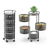 Rotating Kitchen Storage Rack No Assembly, 4-Tier Metal Storage Tower Basket Shelves Organizer on Rolling Wheels with Removal Drawers for Fruit Vegetable Grocery Corns Potato Onion (4-Tier, Black)