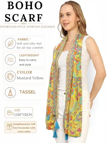 Image of KE KANHA EXPORT Women Scarf|Stole For Women|Scarf For Women Stylish|Stall For Women|Border Print Face Cover Head Wrap|Boho|Beach|Multicolor|180x50cm|Pack Of 1|FREE Scrunchie Included