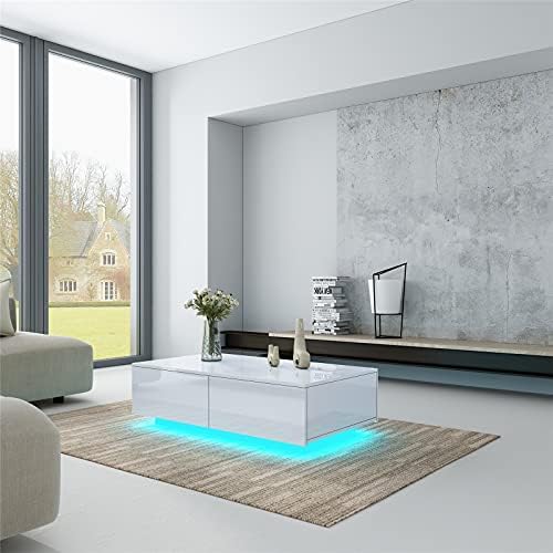 AWOOD LED Coffee Table for Living Room, Modern Side Table Wooden Centre Table, White High Gloss Coffee Tea Tables with 4 Drawers Storage for Home Office Furniture