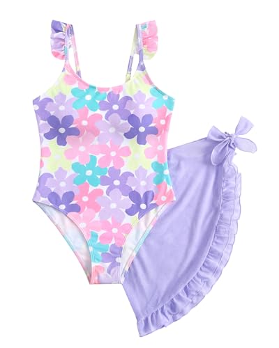DivingBirds Girls Swimming Costume, Two Piece Swimsuits Top with Skirt UV Sun Protection Bathing Suit Floral Girls Swimwear Purple Flower 9-10 Years