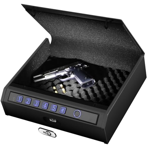 TRRKO Biometric Gun Safe for Handgun Quick Access Fingerprint Pistol Safe with Keypad Silent Mode Holds 2 Pistols - Home, Car, Nightstand Gun Lock Box with LED Light & Steel Cable