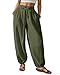 Bsubseach Womens Cotton Harem Pants Elastic Waist Baggy Pant Drawstring Balloon Trouser Loose Beach Pants with Pockets Army Green L