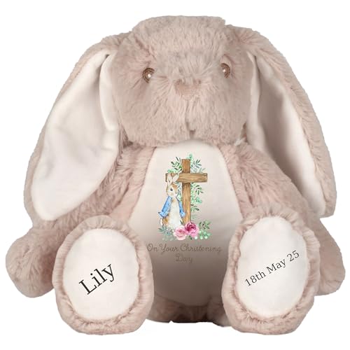Personalised Christening Bunny with Name - Peter Cross Rabbit Pink Flowers On your Christening Day Soft Toy for Baby Toddler Kids Child Babies Baptism Church Spring Time - Blue Letter Brown Bunny
