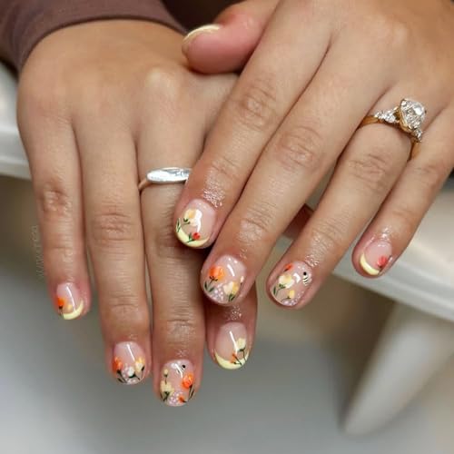 Image of Flower Press on Nails Yellow French Tip Fake Nails Short Square False Nail Press ons with Floral Plant Design Glossy Full Cover Stick on Nail for Women Manicure 24Pcs