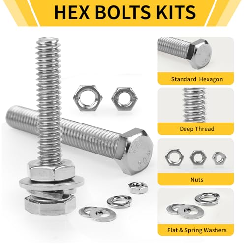 Homwin 255Pcs Kit de boulons et écrous en acier inoxydable, 1/4-20, 5/16-18, 3/8-16 Ensemble de boulon et d'écrous, Kit d'assortiment à vis assorties Argent