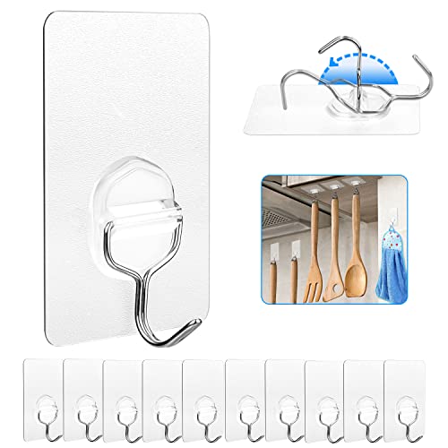 Reusable & Removable Adhesive Hooks 10 Pack - Heavy Duty Waterproof Transparent for Bathroom Shower, Kitchen Door, Outdoor Use, No Residue Wall Mounts for Towel Coat & Home Decor