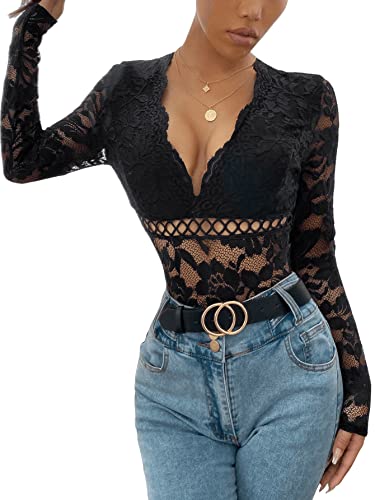 GORGLITTER Damen Body Bodysuit mit Spitzen Blumenmuster Slim Bodies Party...