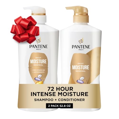 Pantene Shampoo & Conditioner Set, Daily Moisture Renewal - Pro-V Nutrients for Dry, Color-Treated, Straight to Curly Hair, 72-Hour Hydration & Softness, 52.8 Oz Total + Miracle Rescue Shot (0.5 Oz)