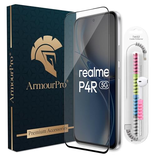Image of ArmourPro Military-Grade Tempered Glass for Realme P4R - 9H Anti Scratch, Edge-to-Edge Coverage, HD Clarity, Smooth Touch, Case Friendly, Easy Installation Kit with Cable Protector