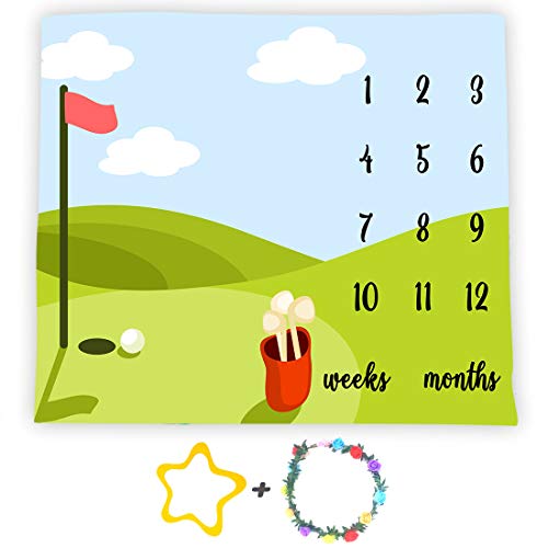 Image of F-FUN SOUL Golf Baby Monthly Milestone Blanket 48x40in Sports Nursery Swaddling Blankets, Newborn Mom Gifts, Baby Shower Age Growth Tracker with Bonus Maker