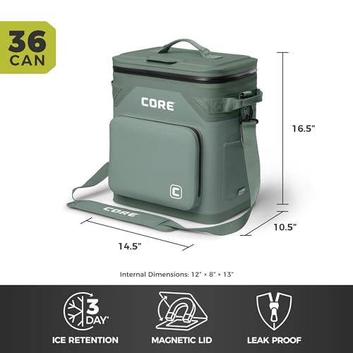 Image of CORE Magnetic Leak Proof Soft Cooler with Waterproof Zipper | Insulated Bag Portable Ice Chest Box | Best Soft Cooler for Food & Beverages for Tailgating, Car Camping, Travel, and Family Beach Picnics