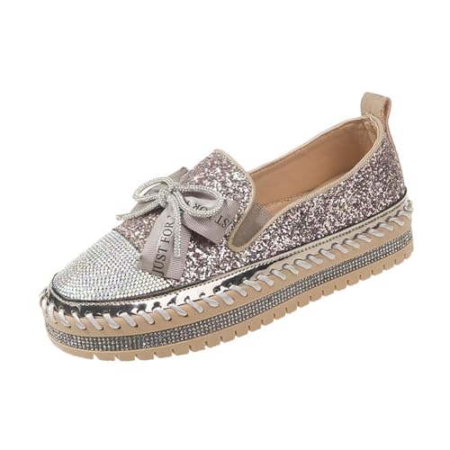 Women's Rhinestones Glitter Bow Platform Loafers,Fashion Casual Slip-On Sequin Shiny Sneaker,Comfort Round Toe Platform Slip On Walking Shoes