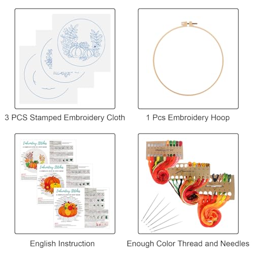Image of Louise Maelys 3 Set Embroidery Kit for Beginners with Pumpkin Harvest | Fall Pumpkin Cross Stitch Kits For Seasonal Crafts. Needlepoint Kit Includes Fabric, Hoop, Threads, Needles and Guide