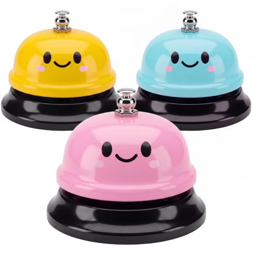 Hotop 3 Pcs Desk Bell for Service Funny Front Desk Cute Smile Metal Ringer Call Bell for Kitchen Hotel Restaurant Classroom(Cute Face,Pink,Teal,Yellow)