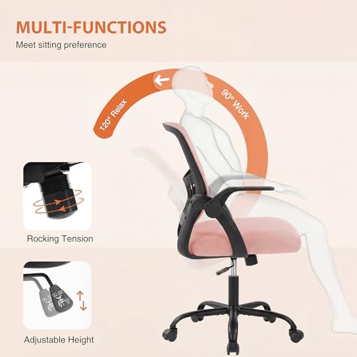 Image of Sweetcrispy Home Office Managerial Executive Chair, Flip Up Armrest Ergonomic Mesh Adjustable Swivel Mid-Back Computer Desk Chair with Comfortable Lumbar Support, Comfy Arms for Bedroom,Blak&Pink