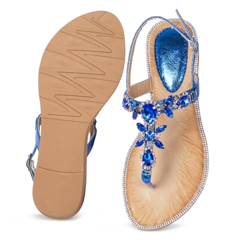 Image of iCKER Women Rhinestone Sandals T-Strap Buckle Bohemian Pearl Crystal Flat Sandals