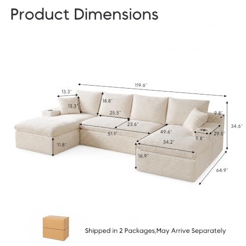 Image of 120 inch Modular Sectional Sofa, U-Shape Boneless Couch, Beige