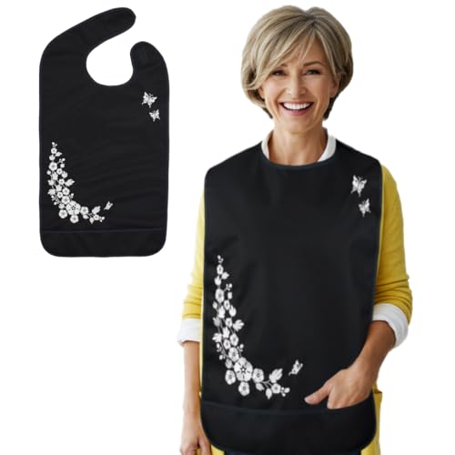 Modaliv Reusable Adult Bib for Women – Floral, Full-Cover Embroidered Eating Protector – Washable Bib for Seniors, Elderly, Dementia Care, Mom – Dignified Adaptive Clothing Gift