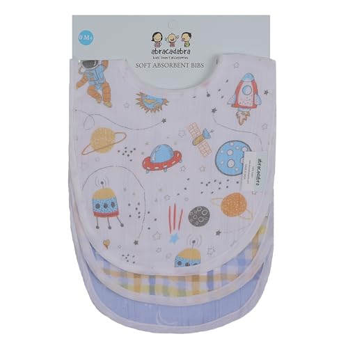 Image of abracadabra Muslin Bibs with Adjustable Snap Button Closure, Super Absorbent, Soft, Comfortable & Lightweight, Set of 3 - Rocketman