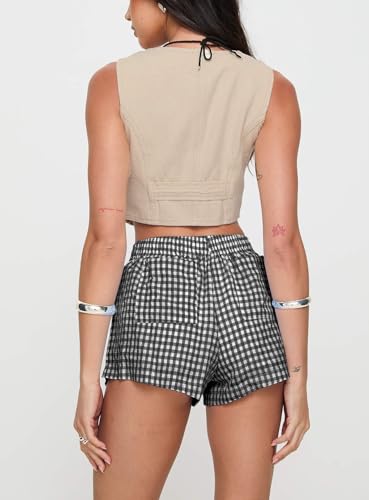Image of Chunoy Women's Plaid Boxer Shorts Summer Casual Gingham Pajama Bottoms Short with Pockets