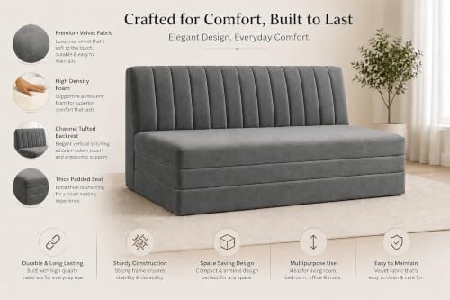 Image of Three Seater Sofa Bed, Velvet Fabric Foldable Sofa Cum Bed with Soft Foam Cushioning, Convertible Floor Couch for Living Room, Guest Room & Home Use (Grey, Pre-Assembled)