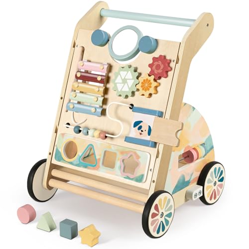 Bautia Baby Walker for 1 Year olds Boys Girls, Wooden Walker for Babies 12 Month Toys, Push Along Walker with Brakes & Detachable Activity Panel