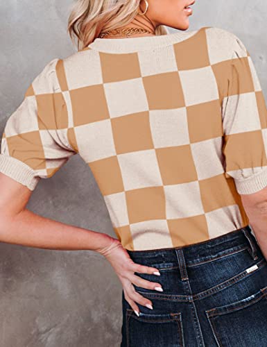 Image of Womens Puff Short Sleeve Sweater Tops Crewneck Basic Knit Pullover Lightweight Casual Sweaters