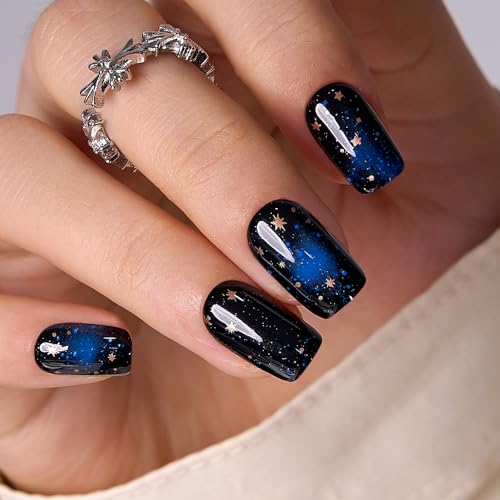 Image of CurvLife Shrot Square Press On Nails, Starry Sky Black, Soft Gel