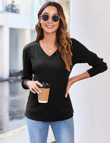 Image of Zeagoo Long Sleeve Shirts for Women V Neck Casual Sweaters Basic Knit 2025 Fall Fashion Pullover Tops