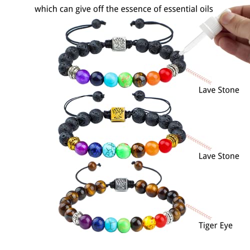 3Pcs Black Lava 7 Chakra Bracelets Real Stone Healing Crystal Bracelets Aromatherapy Essential Oil Diffuser Bracelets Yoga Beads Anxiety Bracelets Bangle With Braided Rope For Women Men 8Mm Beads #TOP2