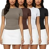 4 Pack Basic Tees T Shirts for Women Workout Gym Compression Fitted Short Sleeve Plain T Shirts Crop Tops Y2K 1 Black 1 White 1 Khaki 1 Coffee Large