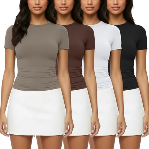 4 Pack Basic Tees T Shirts for Women Workout Gym Compression Fitted Short Sleeve Plain T Shirts Crop Tops Y2K 1 Black 1 White 1 Khaki 1 Coffee Medium
